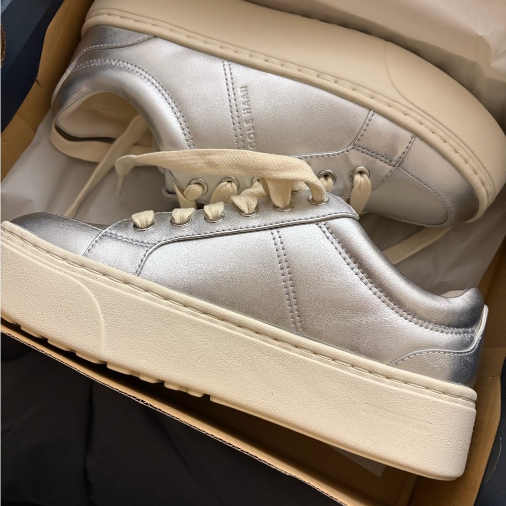 Cole Haan women silver metallic leather Gradpro max platform sneaker